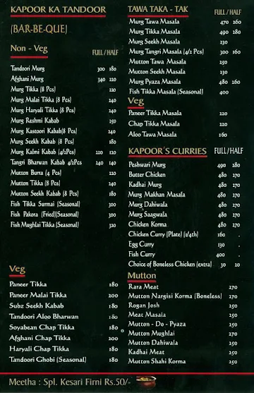 Kapoor's Pavilion Family Restaurant menu 