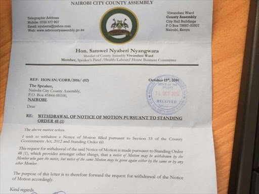 MCA Samuel Nyangwara's letter to speaker Alex Magelo seeking to withdraw motion to impeach governor Evans Kidero