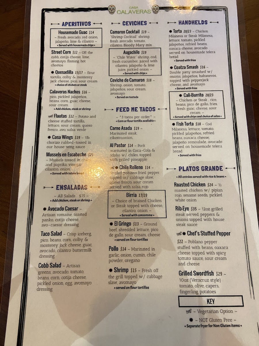 Casa Calaveras gluten-free menu