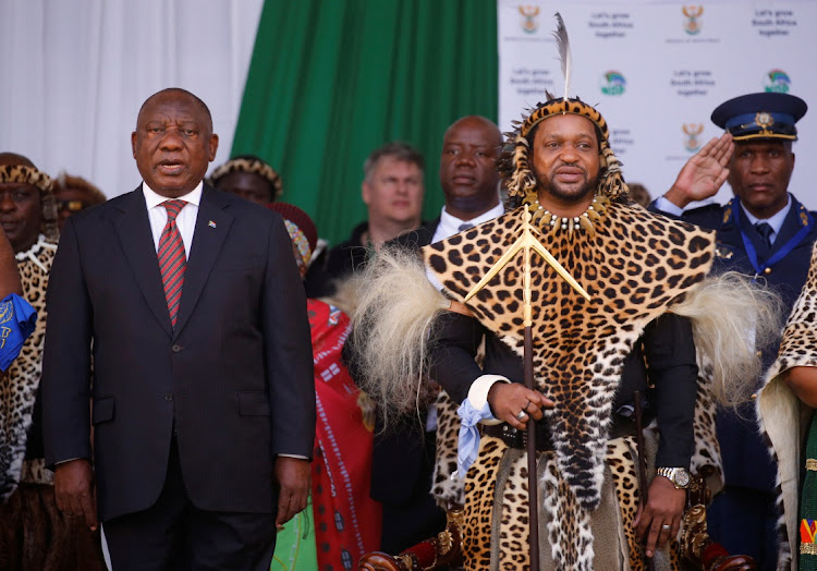 President Cyril Ramaphosa and new AmaZulu King Misuzulu kaZwelithini attend the final ceremony of his coronation, in Durban, October 29 2022. Picture: ROGAN WARD/REUTERS