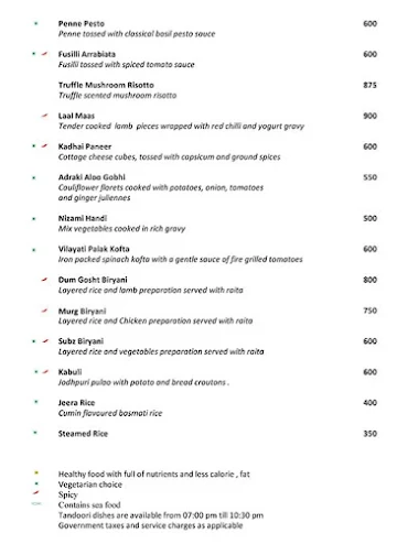 Aravali Lakeview - Radisson Blu menu 