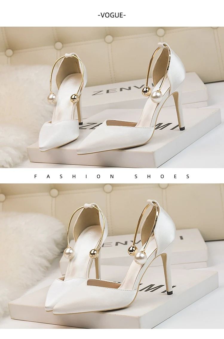 Title 15, Low-cut satin hollow-out pointed toe metal stra...