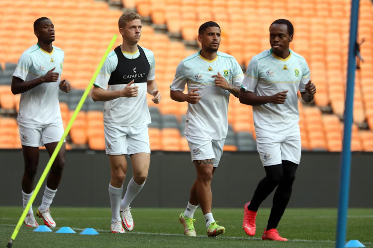 Bafana Bafana players during their training session for thei match against Zimbabwe tomorrow at Orlando Stadium Picture: ANTONIO MUCHAVE