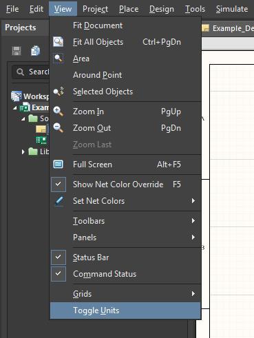 Screenshot of AD18’s schematic toggle units command in switching from MM to mil