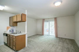 One Bedroom living room with carpet and patio door adjacent to kitchen