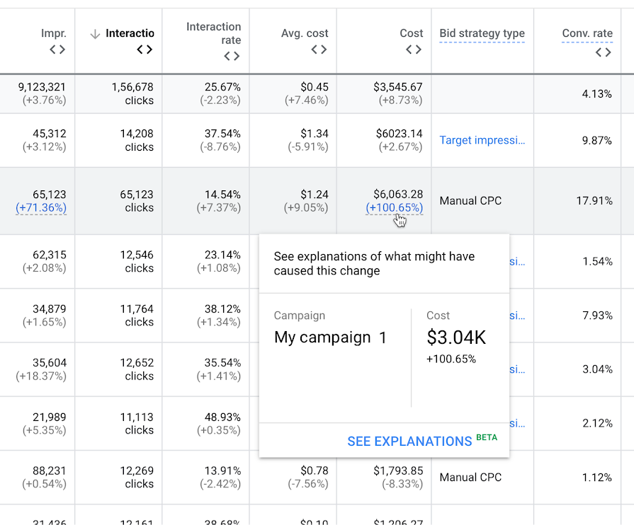 Explicaciones en la IU de Google Ads 1