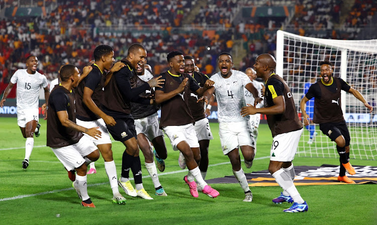 Teboho Mokoena celebrates scoring their second goal with his Bafana Bafana teammates in their 2-0 Africa Cup of Nations last 16 win against Morocco at Stade Laurent Pokou Stadium in San Pedro, Ivory Coast on Tuesday night.