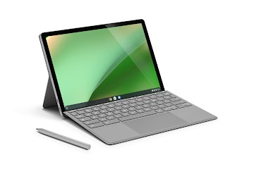 HP Chromebook x2 11 を左から見たところ（ホーム画面が表示されている）。