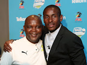 Mamelodi Sundowns' head coach Pitso Mosimane (L) with his Orlando Pirates counterpart Rulani Mokwena (R) in good spirits during the Telkom Knockout Last 16 press conference.  