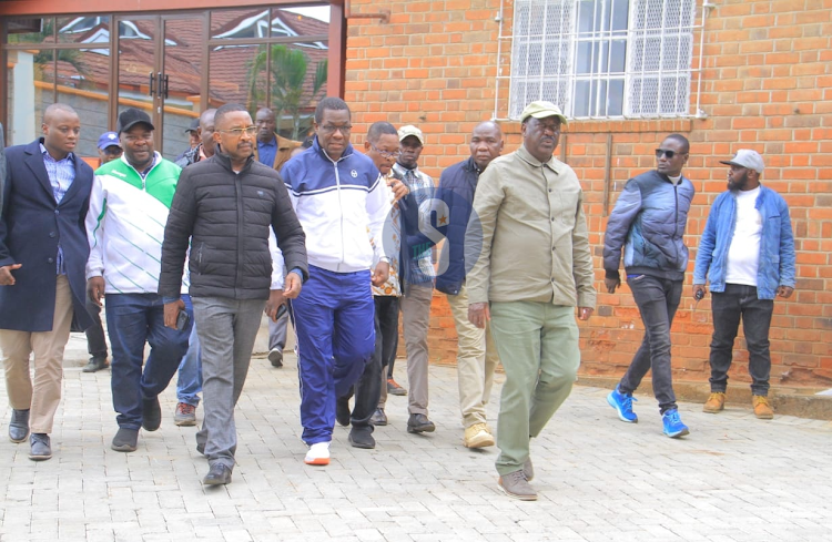 Raila Odinga arrives at Jaramogi Oginga foundation alongside National Assembly Minority leader Opiyo Wandayi and Murang'a Governor Mwangi wa Iria to address the media after a series of demos in the city on July 7, 2023