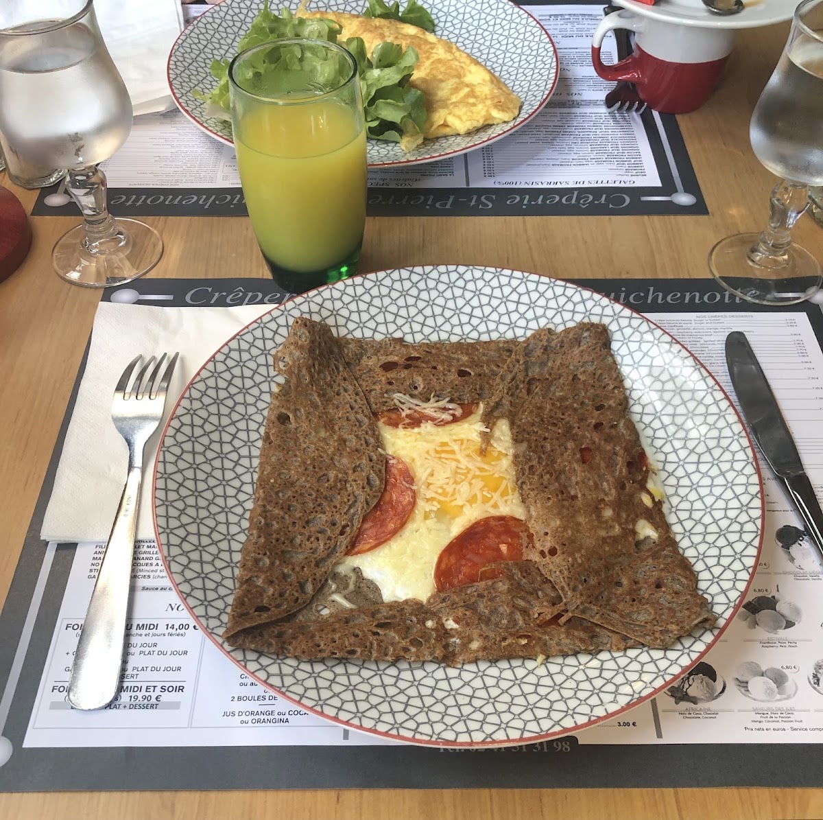 Gf buckwheat galette with chorizo, egg and cheese