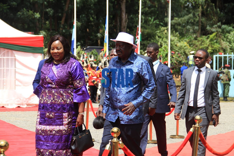 ODM leader Raila Odinga with wife Ida Odinga arrive in Nyeri ahead of late President Mwai Kibaki's funeral service /EZEKIEL AMING'A