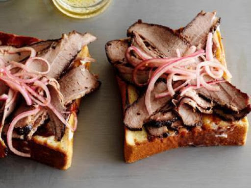 Bobby Flays, Brisket and red onions on Grilled Toast