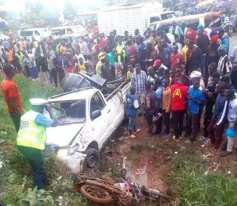 A traffic officer the scene where two people on a boda boda were killed when the pickup failed breaks as it negotiated an intersection at Daraja Moja in Kisii on Friday evening (IMAGE BY MAGATI OBEBO)