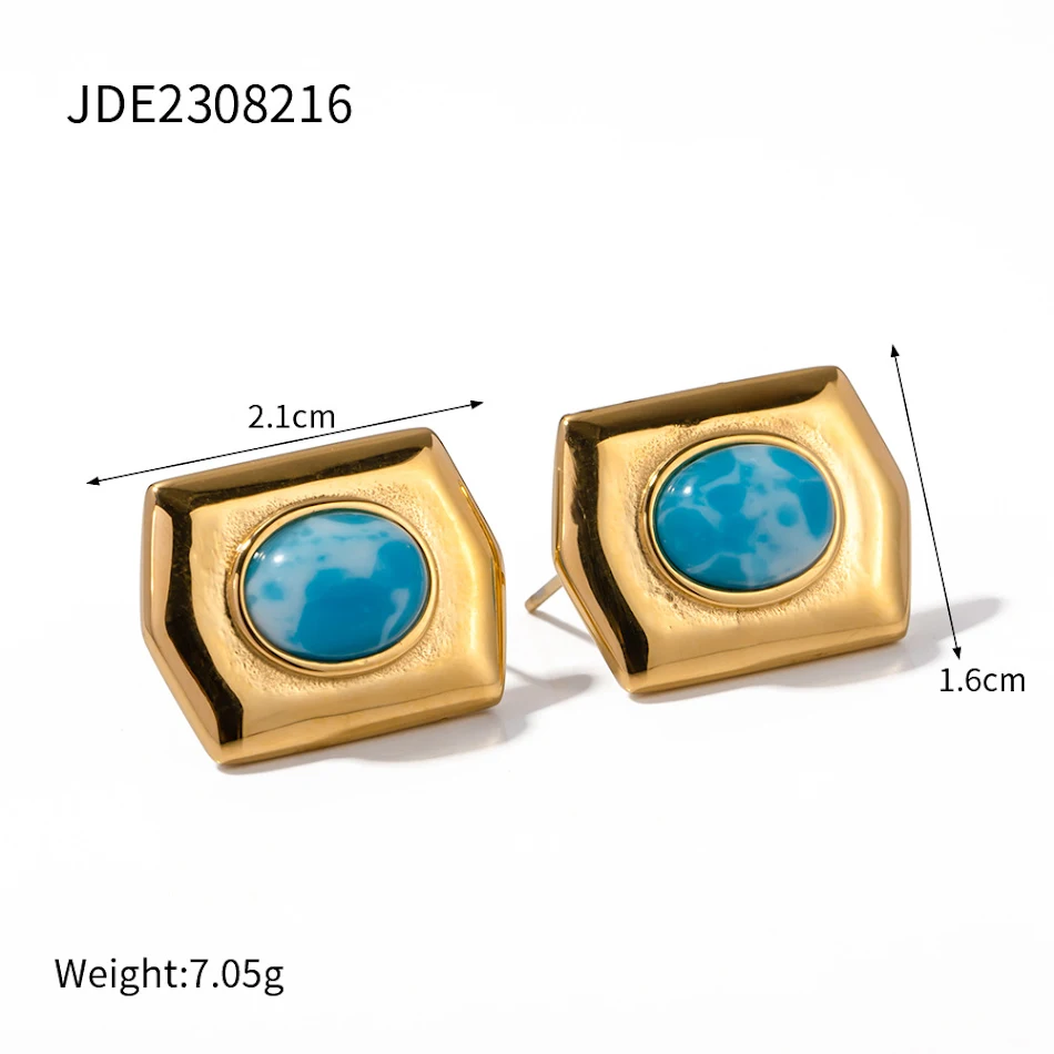 Nouvelles boucles d'oreilles rectangulaires en acier inoxydable or 18K, motif marin et pierre, élégance et style.