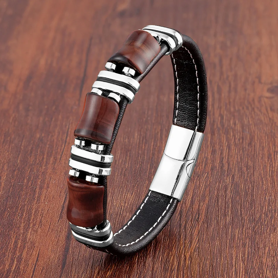 Herenarmband van roestvrij staal en leren touw, modieus design met robuuste lederen band, veilige sluiting, ideaal cadeau.