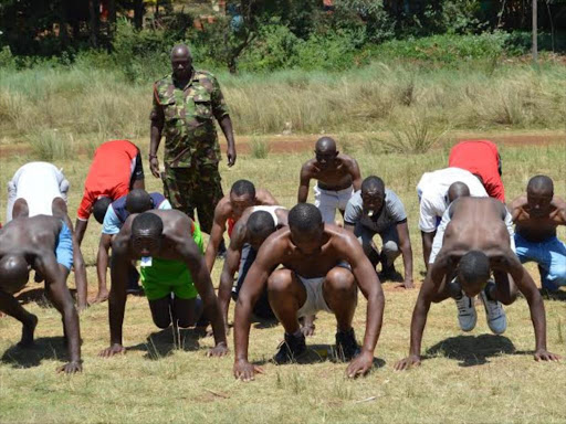 Youth go through an exercise session during a past Kenya Defence force recruitment exercise in Kirigiti stadium, Kiambu.