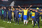 Mamelodi Sundowns celebrating after winning their fifth successive DStv Premiership title FC at Loftus Versfeld Stadium on April 27.