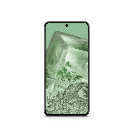 A Pixel 8 phone with a lush, green lock screen image.