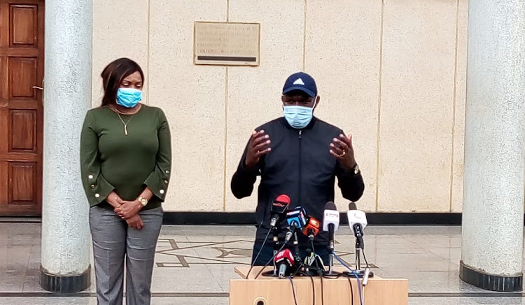 Elgeyo Marakwet Senator Kipchumba Murkomen and his Nakuru counterpart Susan Kihika during a press briefing on Monday 11, 2020.