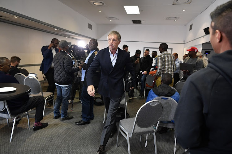 Bafana Bafana coach Stuart Baxter leaves the Bafana Bafana press conference after resigning as Bafana Bafana head coach at The Terrace Room, Killarney Country Club on August 02, 2019 in Johannesburg, South Africa.