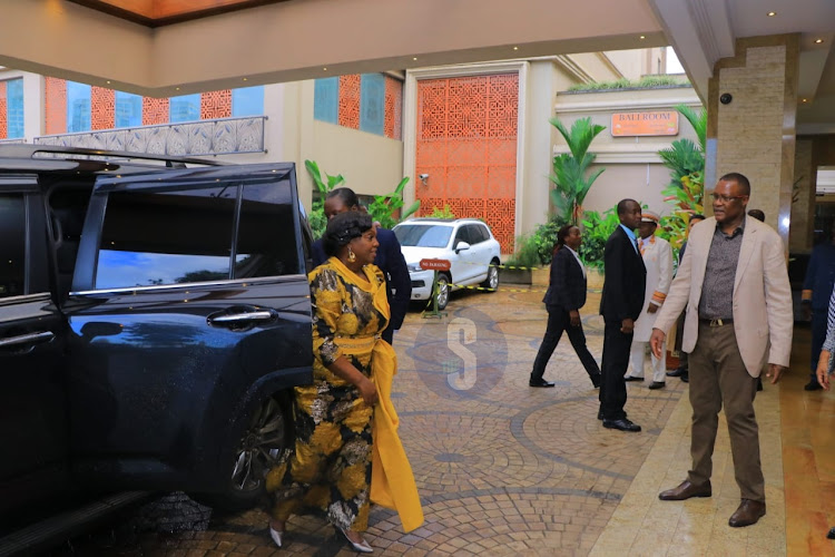 Pastor Dorcas Rigathi welcomed by ICT CS Eliud Owalo to attend the launch of Professional Association of Nyanza (PANY) Women's strategic plan on April 12, 2024.