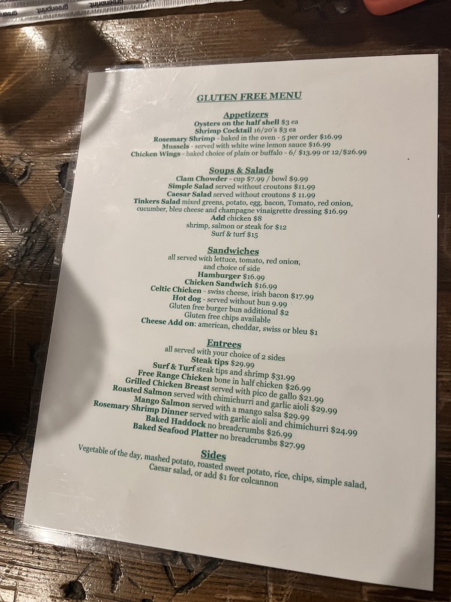 The Tinker's Son gluten-free menu