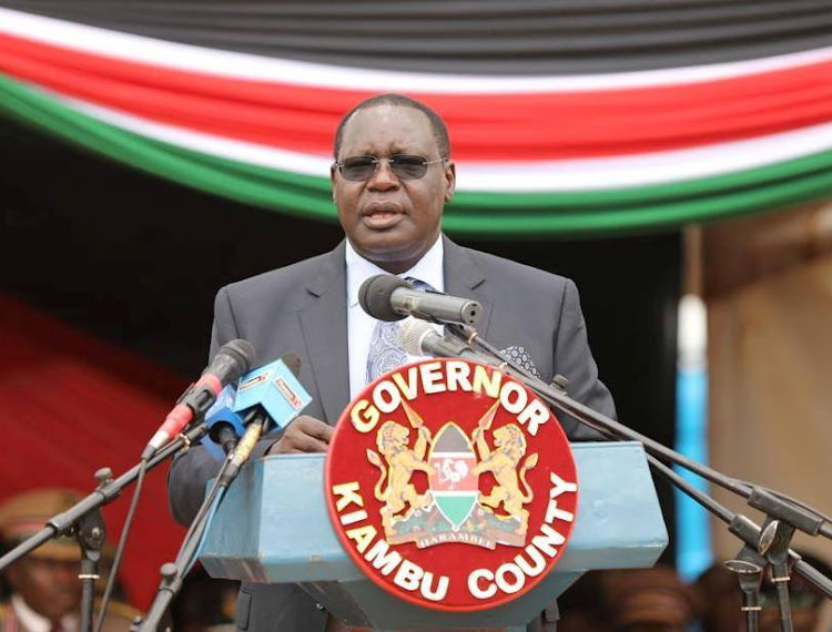 Kiambu Deputy Governor James Nyoro making his address during the Mashujaa Day celebrations at Ndumberi stadium in Kiambu on Sunday.