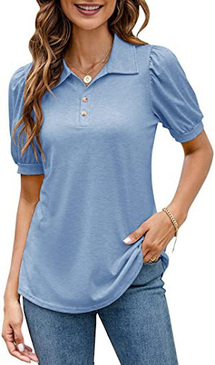 Title 2, Polo Shirt Button Down Neck Puff Sleeve Loose T...