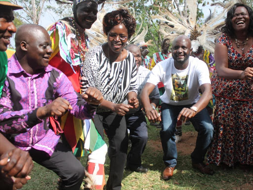 Legislators Walter Owino (Awendo), Lilian Gogo (Rangwe), Samuel Atandi (Alego Usonga) and Gladys Wanga (Homa Bay woman rep) during fundraiser in Rangwe