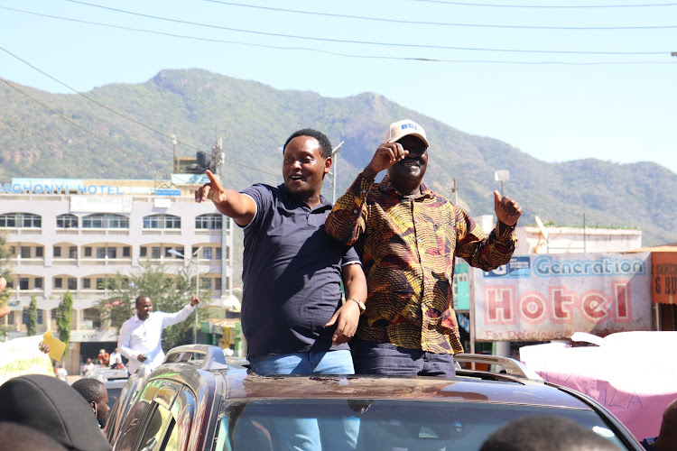 ODM leader Raila Odinga and Taita Taveta Governor Granton Samboja arrive in Voi Town to address a public rally on March 2, 2021.