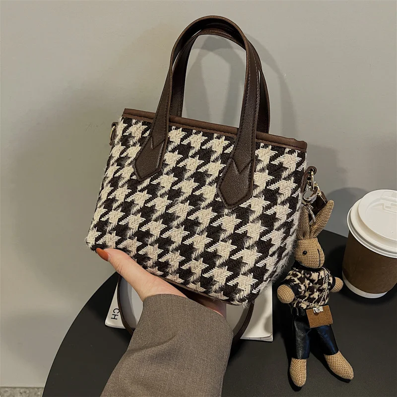 Draagbare Houndstooth schoudertas met dambordpatroon, veelzijdige handtas voor dames, messenger bag, shopper, perfect voor elke outfit.
