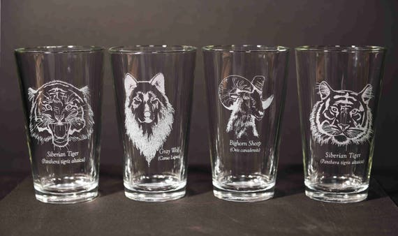 Beer glasses etched with animals of choice