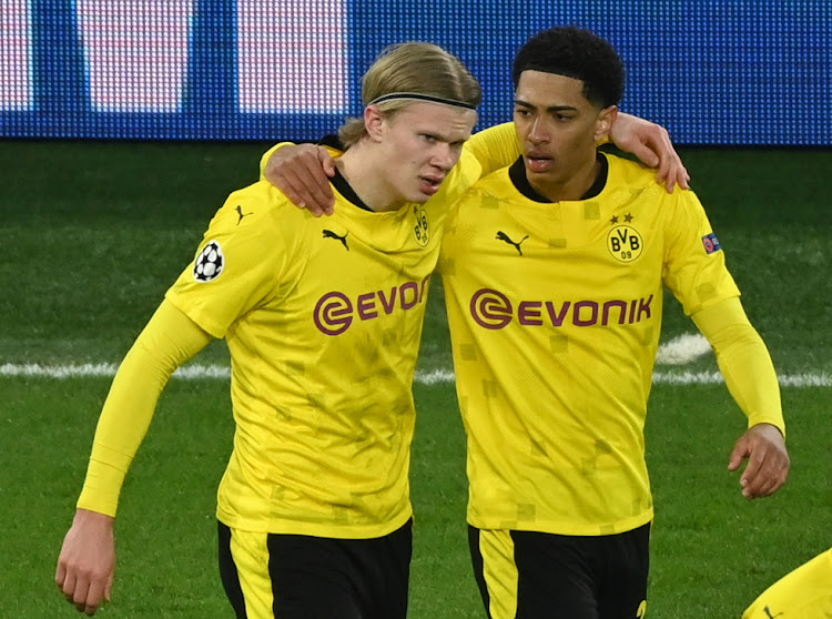 Borussia Dortmund's Erling Braut Haaland celebrates scoring their second goal with Jude Bellingham