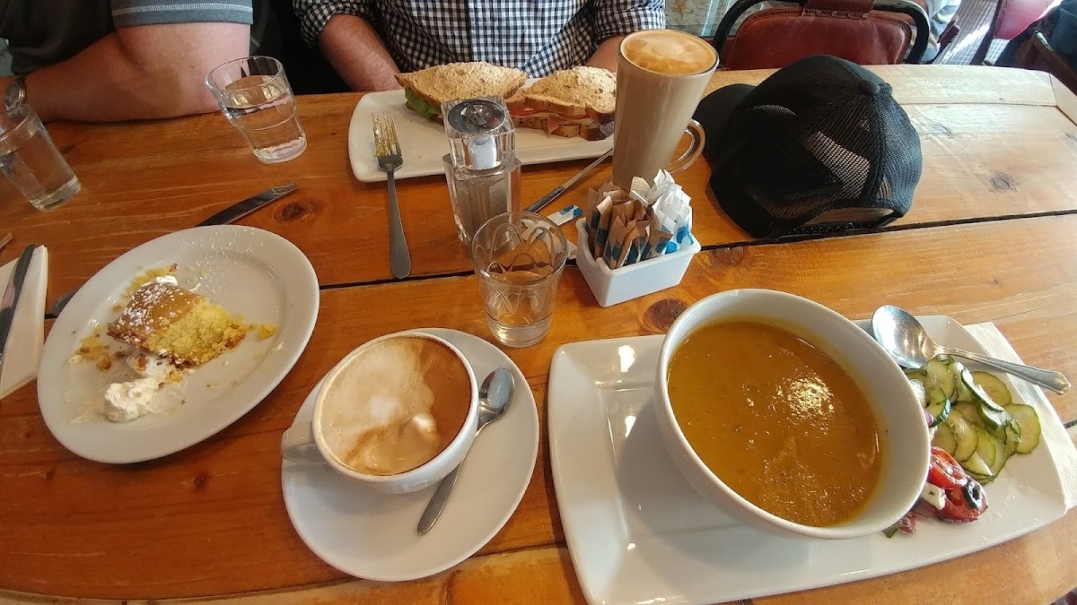 Vegetable soup with salads, lemon cornbread cake, savory sandwich and yummy coffee. Great find!