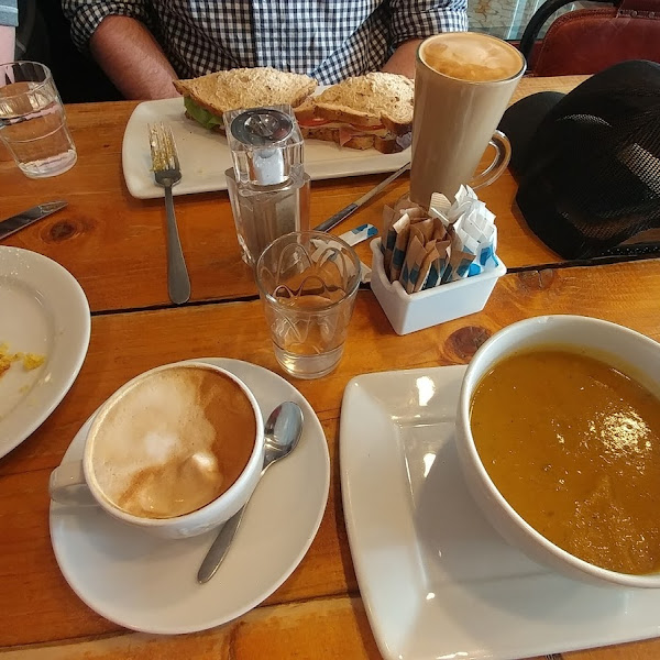 Vegetable soup with salads, lemon cornbread cake, savory sandwich and yummy coffee. Great find!