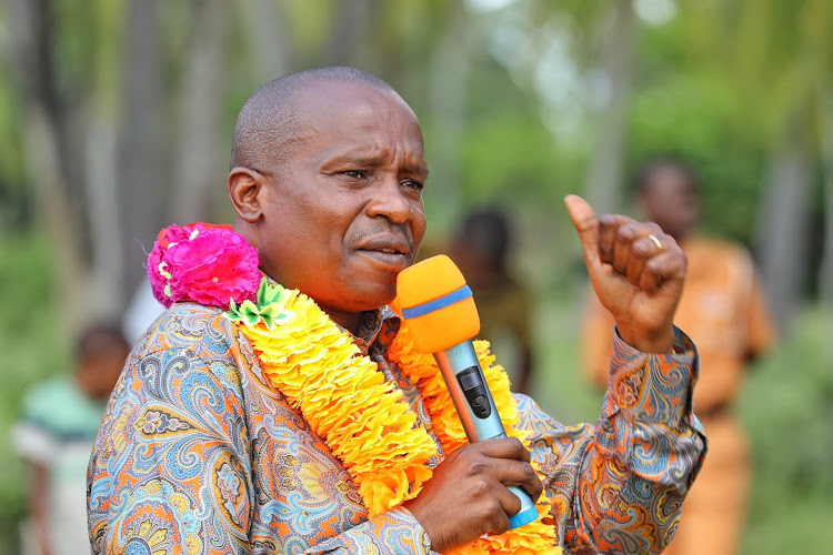 Interior and National Administration Cabinet Secretary Kithure Kindiki addressing a baraza after opening Lamu East Subcounty Headquarters at Lamu on September 13, 2023