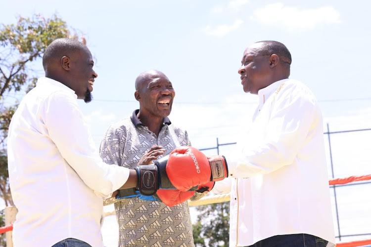 Nairobi Governor Johnson Sakaja tries his hands in a mock boxing match during the opening of the Uhuru Complex Sports Arena on March 23, 2024.