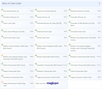 Cake Castle menu 