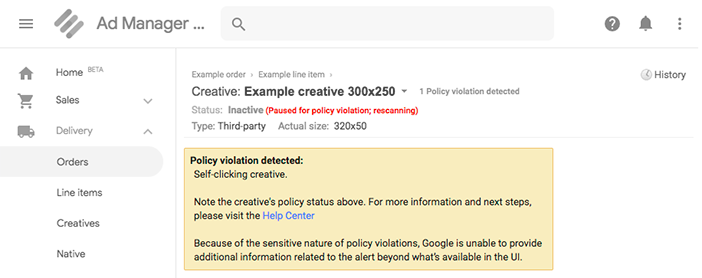 Policy violation on a creative in the Ad Manager user interface.