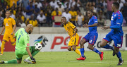 SuperSport United goalkeeper Reyaad Pieterse saves an attempt on target from Joseph Molangoane of Kaizer Chiefs during the Absa Premiership match t Mbombela Stadium on January 06, 2018 in Nelspruit, South Africa. The match ended 0-0. 