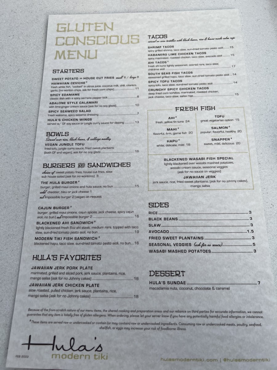 HULA'S Modern Tiki High Street gluten-free menu