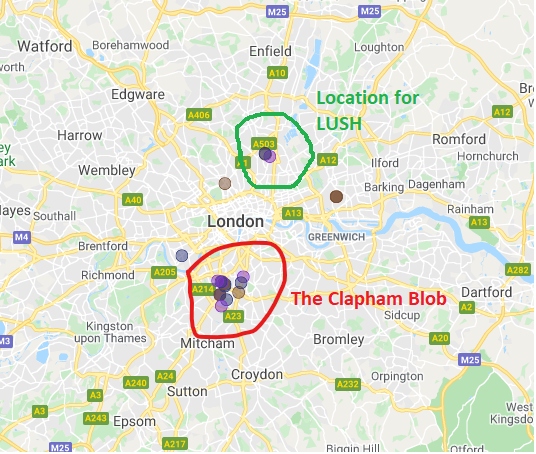 A map showing the distribution of teams for LUSH, especially noting a large cluster of teams around the Clapham area,