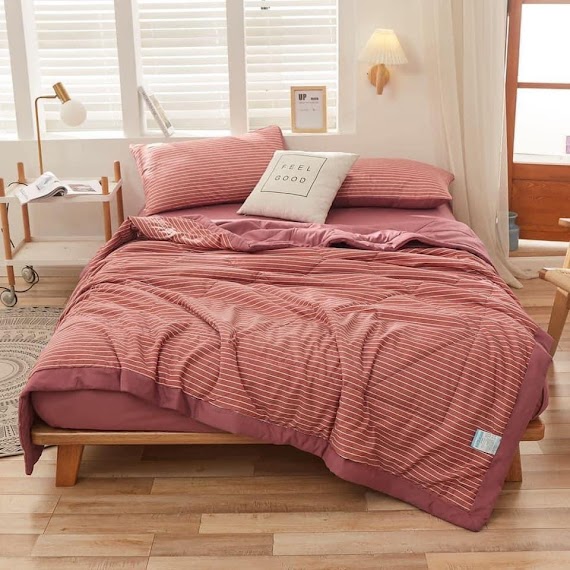 Bộ Chăn Ga Gối Cotton Tici Chăn Trần Emmi Bedding Mẫu Kẻ Ngang Hồng Grap Nệm Thun Lạnh Hàn Quốc Drap Giường Đệm Đủ Siz