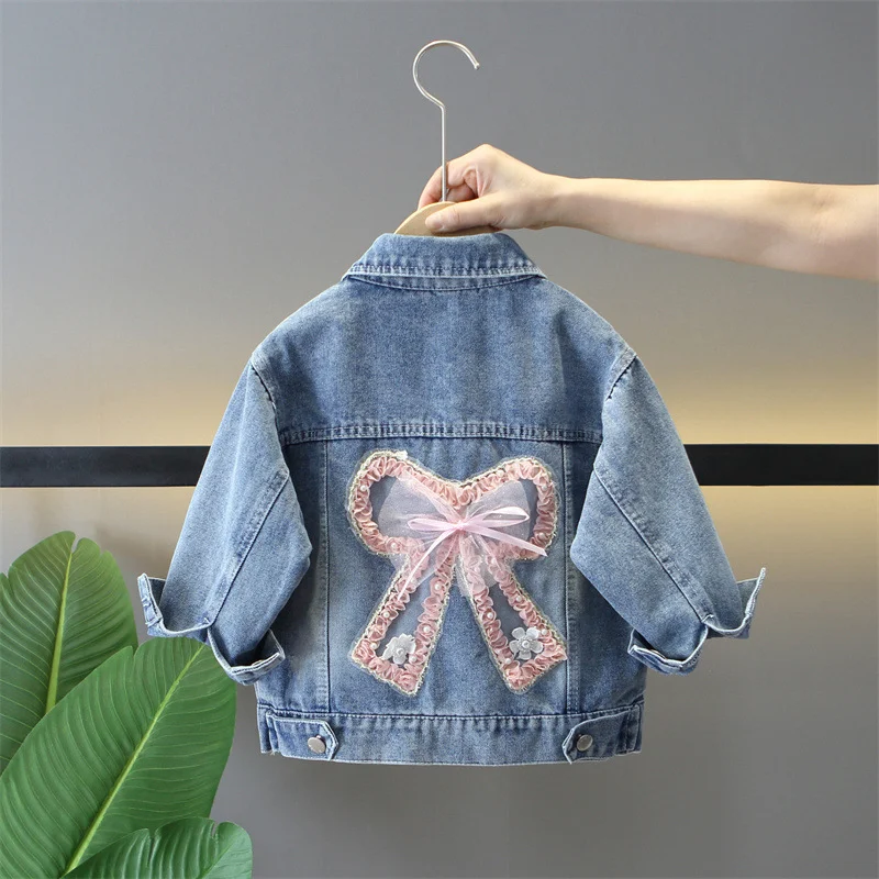 Girls' Single-Breasted Bow Denim Coat