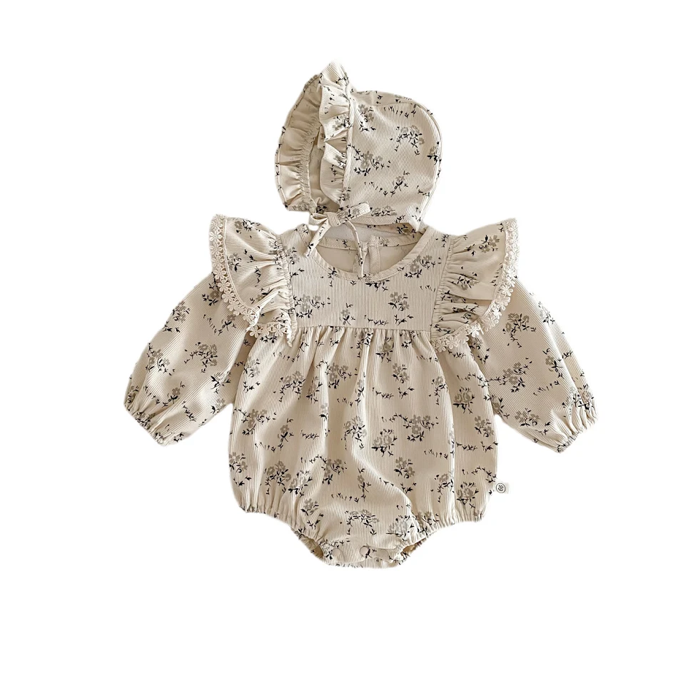 Baby meisje jumpsuit lange mouw, ribcord, ronde hals, bloemenprint, lente en herfst. Comfort en stijl voor je baby.