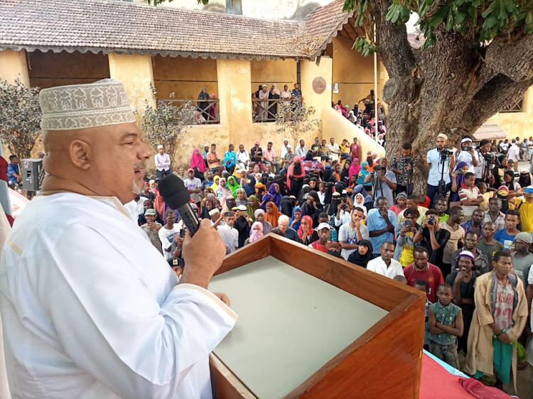 Lamu Governor Fahim Twaha addresses a rally at the Mkunguni square in Lamu Island.