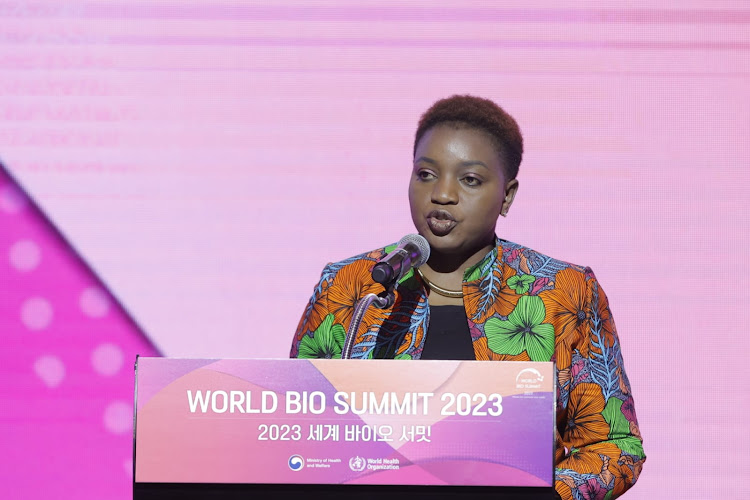 Health CS Susan Nakhumicha speaking during the world Bio Summit in Seoul Korea where she represented Kenya to discuss health systems strengthening and sustainability