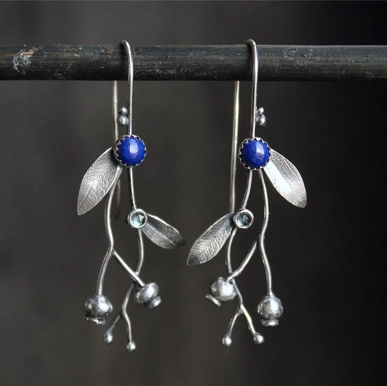 Vintage oorbellen met takken en blauwe steenkralen, Europese en Amerikaanse stijl, eenvoudig, perfect voor een stijlvolle look.