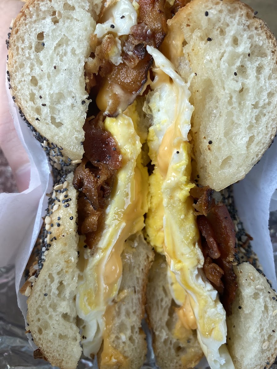 Bacon, egg, and cheese on an everything bagel